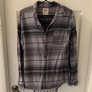 Levis Mens Flannel Sz L Grey Black Striped Long Sleeve Button Down Cotton EUC